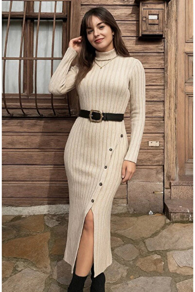 Butik Women's Long Sleeve Turtleneck Slit Button-Up Hooded Camisole Dress