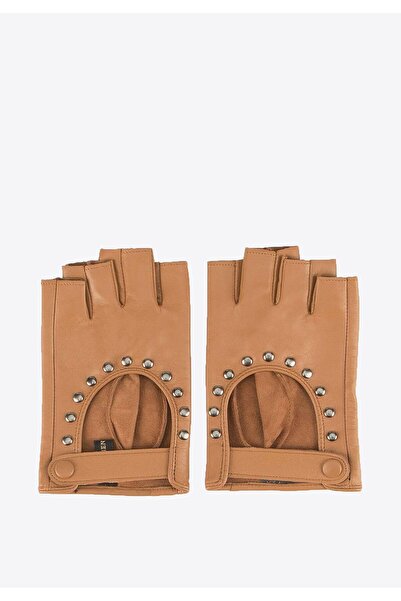 Wittchen Women's Fingerless Leather Gloves with Rivets Brown Leather