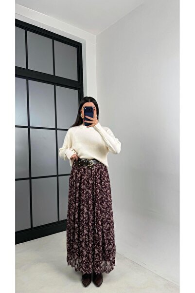 Gaus Mürdüm Çiçek Desenli Kemerli Astarlı Etek GAUS-00643