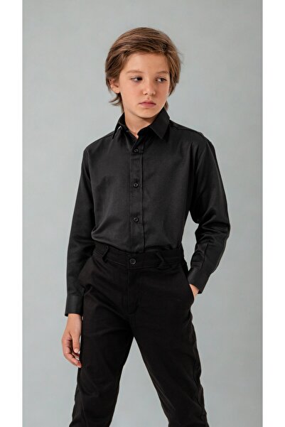 Atlas Kids Cămașă cu mânecă lungă, neagră, clasică, elegantă pentru băieți – ...