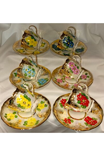 BY.RAYKA PORSELEN El Dekor Papatya Porselen El Boyama Coffee Cup Set