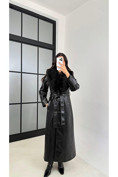 Gaus Black Fur Collar Lined Leather Coat Gaus-00685