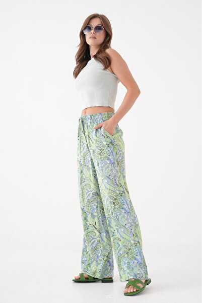 Saade Women's High Waist Flowy Viscose Wide Leg Summer Pants - Elastic Waistband