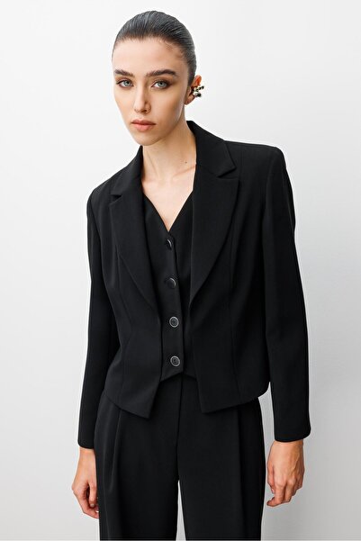 Moda İlgi Modailgi Kırlangıç Yaka Kuptan Kesik Yelek Detaylı Astarlı Kısa Ceket - 40030 Siyah