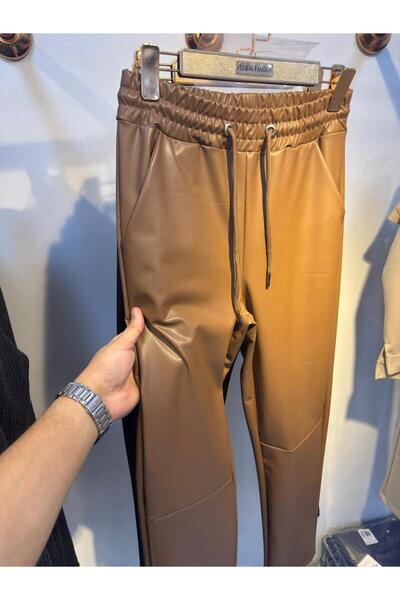 floral fashıon Women's Faux Leather Jogger Pants Stretch Fabric Stretchy Fabric Inside Soft Cotton Sh Fleece-Lined Tan Color