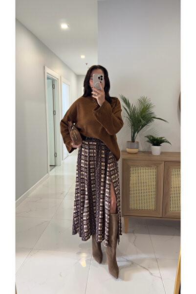 BİRCANÇİL Mostane Brown Side Belt Detailed Slit Skirt