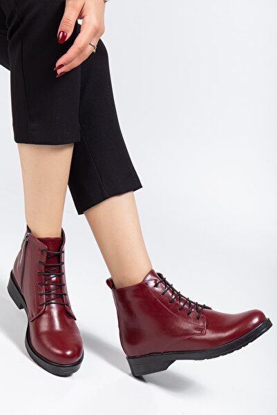 infon shoes creation 165-225 Burgundy Yanki Lace-Up Zippered Casual Women's Boots
