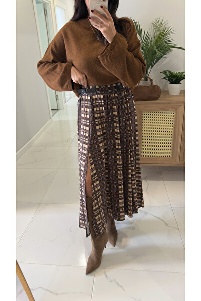 BİRCANÇİL Mostane Brown Side Belt Detailed Slit Skirt