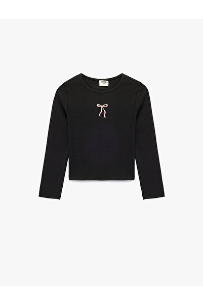 Koton Μπλουζάκι με μακρυμάνικο λαιμόκοψη από βαμβακερό φιόγκο με τύπωμα