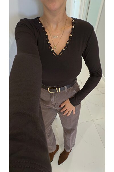 BİRCANÇİL Senveta Brown Collar Beaded Detailed Blouse