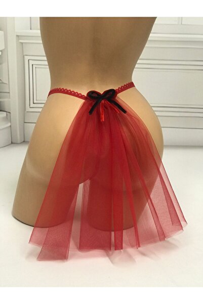 NSMLİFE Christmas, New Year, Women's Red Lace Thong with Tulle Bow Detail on the Back, String Model