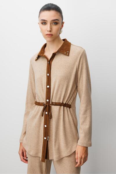 Moda İlgi Modailgi Triko Ve Süet Karışımlı Belden Tünelli Lase Nakış Vetrok Detaylı Triko Gömlek Vizon