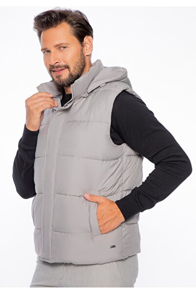 Wittchen Men's Quilted Vest with Detachable Hood, Gray Polyester