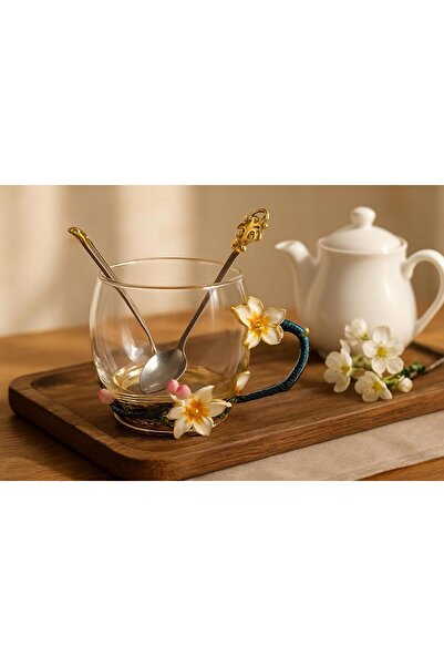 B&D Decorative Glass Tea Cup with Floral Design, Matching Spoon, Enamel-Coated Handle