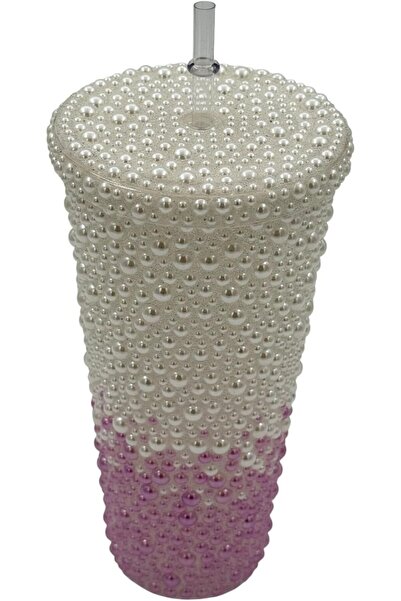 B&D كوب مزين باللؤلؤ مع غطاء وقشة، تدرج اللون من الأبيض إلى الوردي، 500 مل (بلاستيك)