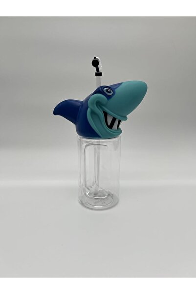 B&D Kids' shark-design water bottle with straw, blue & turquoise, transparent container