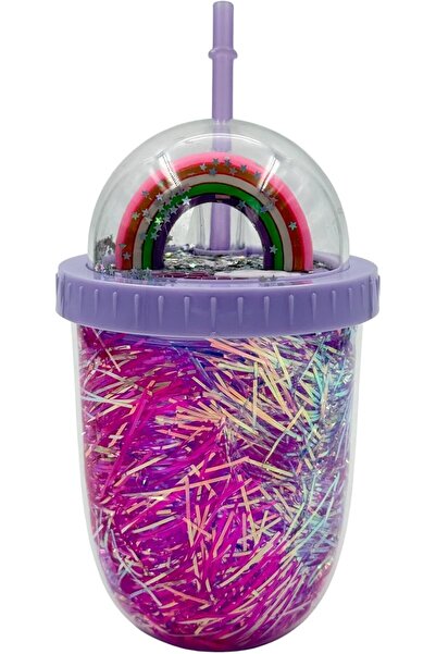 B&D Rainbow Snow Globe Cup with Straw — Iridescent Purple Dome, Reusable Lid