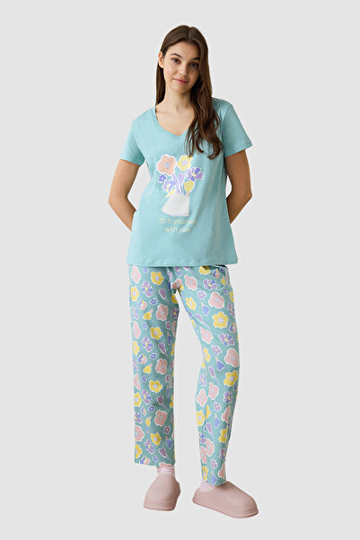 Penti Mint Green Floral Cotton V-Neck Short Sleeve Pyjamas Set