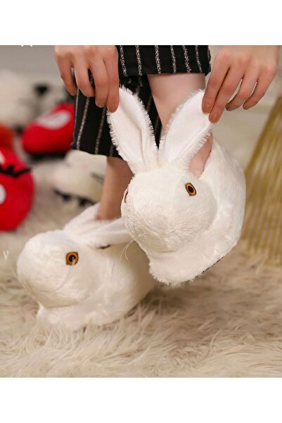 İpek Women's Plush Fluffy White Rabbit Slippers