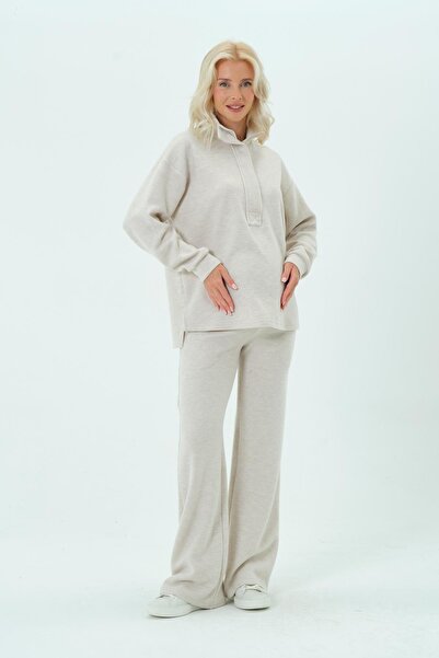 BUSA Maternity Adjustable Waist Elastic Band Wide Leg Collar Zippered Thessaloniki Suit Cream