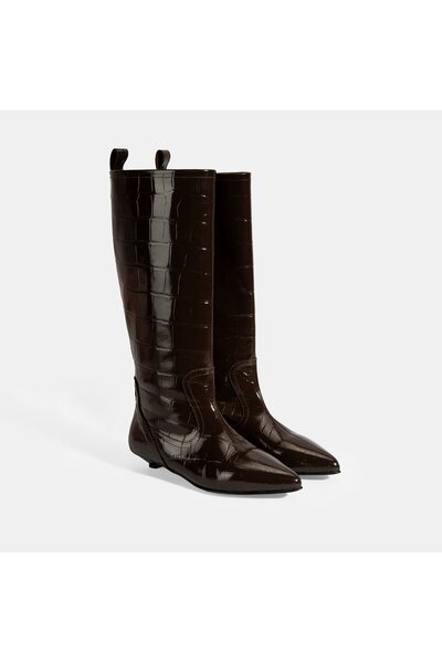 Desa Women's Brown Crocodile Printed Thin Heeled Patent Leather Boots