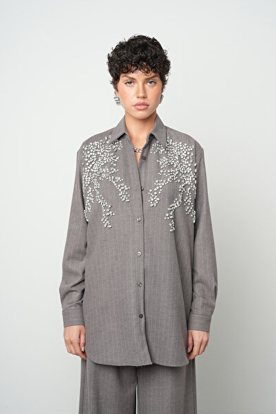 Orfeo Negro Women's Front Stone Embroidered Striped O Oversized Shirt