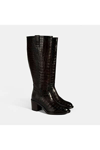 Desa Women's Brown Crocodile Printed Thick Heeled Leather Boots