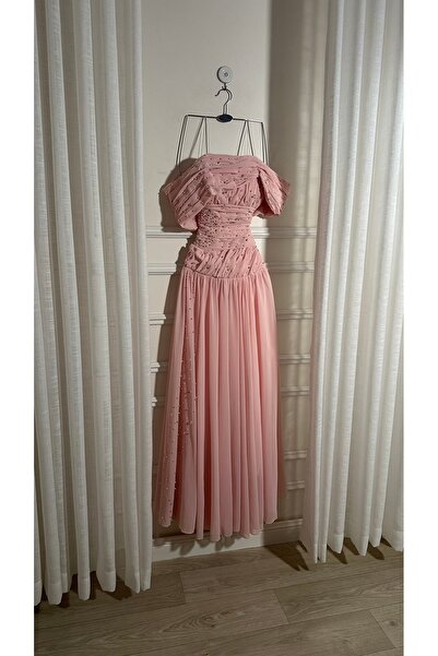 BURGUNDY Apricot chiffon dress with pearl embroidery - Burgundy brand