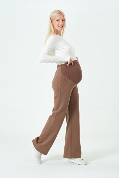 BUSA Maternity Stretchy Abdominal Band Adjustable Waist Thermal Wide Leg Sweatpants Brown