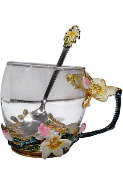 B&D Decorative Glass Tea Cup with Floral Design, Matching Spoon, Enamel-Coated Handle