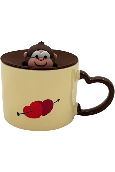 B&D Ceramic Coffee Mug with Cute Monkey 3D Lid, Cream & Brown, Heart Design