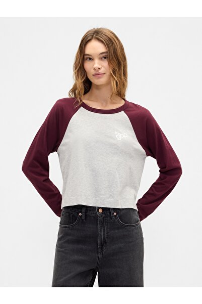GAP Kadın Bordo Relaxed Crop Logo T-Shirt