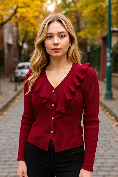 Sfg Life Moda Women's Button Detail Design V-Neck Sweater-Cardigan