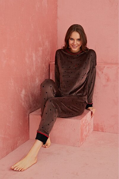 ELİTOL Γυναικείο Σετ Σπίτι με Μοτίβο Καρδιάς Βελούδινο - Καφέ