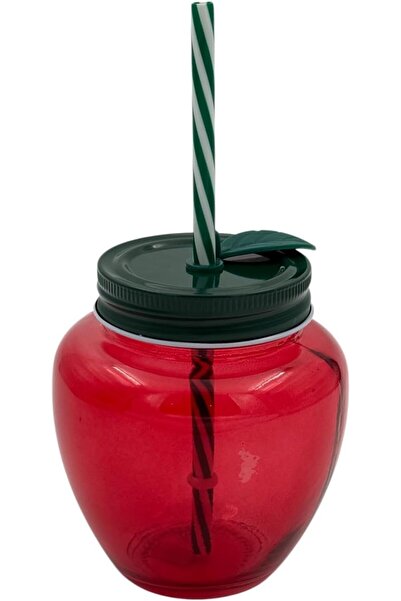 B&D B & D Glass Cup with Straw, Apple-Shaped, 250 ml, Red with Green Lid