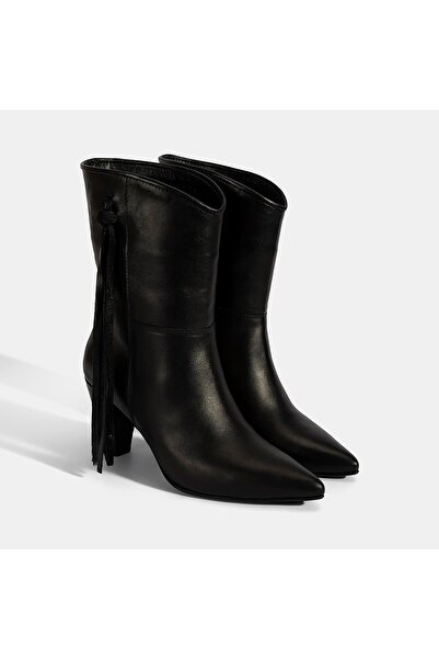 Desa Women's Black Tassel Detailed Heeled Leather Boots