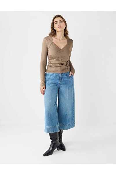 Jimmy Key Mink Slim Fit Asymmetric Collar Long Sleeve Knitted Blouse