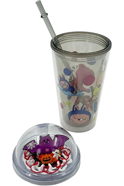 B&D BandD Halloween Dome-Lid Cup, Transparent Plastic 500 ml with Straw, Cartoon Decorative Lid