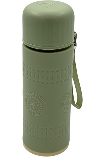 B&D Glass Insulated Water Bottle with Strap, Embossed Decorative Design, Dark Green