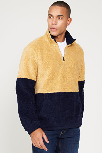 AC&Co / Altınyıldız Classics Mustard-Navy Blue Standard Fit Stand Collar Kangaroo Pocket Double Color Sherpa Fleece Sweatshirt