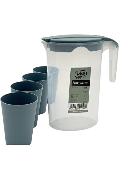 B&D Water Jug Set, Clear with Gray, 1.75 L, includes 4 Cups