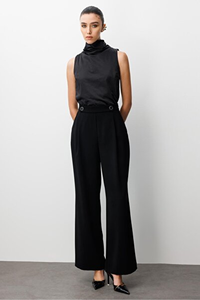 Moda İlgi Modailgi Yandan Cepli Pileli Kemeri Parçalamalı Ve Düğme Detaylı Plazzo Pantolon - 70030 Siyah