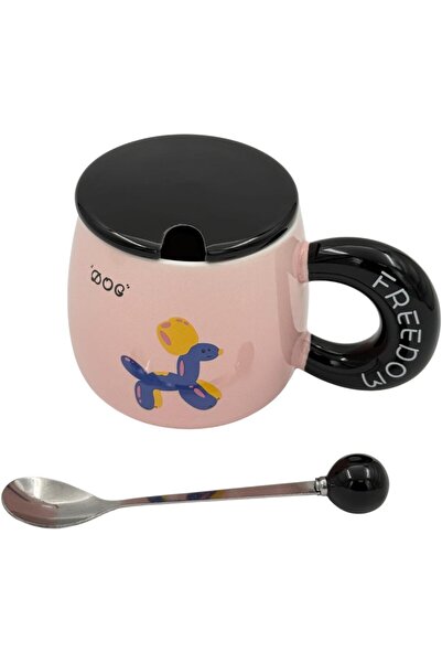 B&D banddtools Ceramic Coffee Mug Set – Pink Balloon Dog Design with Black Lid & Matching Spoon