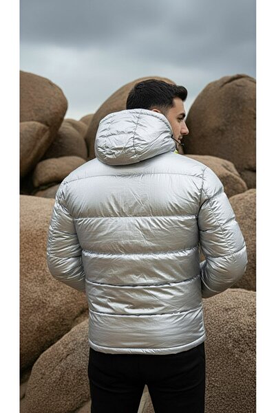 Plus Scorpion Men's Silver Color Hooded Puffer Jacket – Waterproof Shiny Coat