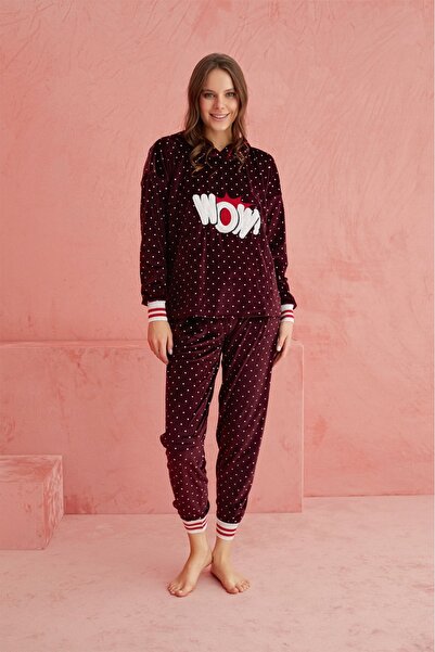 ELİTOL Velvet Wow Pop Art Women's Home Set - Burgundy