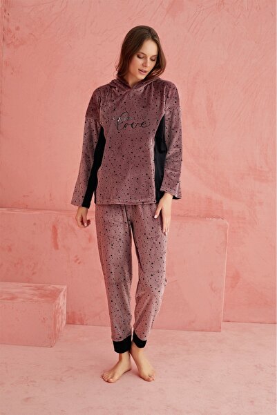 ELİTOL Velvet Love Star Patterned Hooded Piece Women's Home Set – Dusty Rose