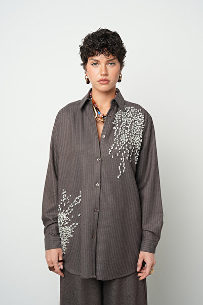 Orfeo Negro Women's Stone Embroidered Striped Brown O Oversized Shirt