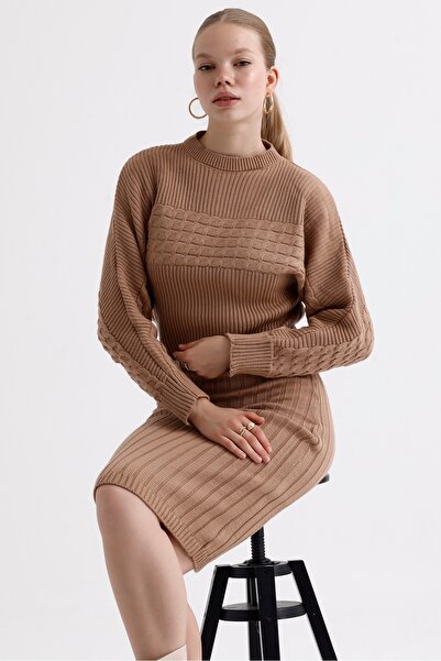 MD trend Women's Double V-Neck Ribbed Midi Dress and Crop Sweater Double Knitwear Set