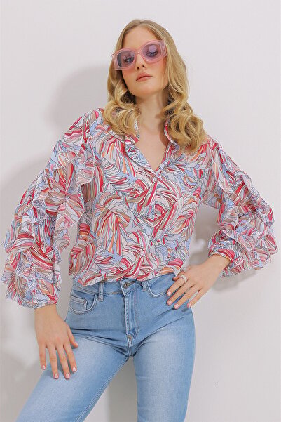 Trend Alaçatı Stili Rózsaszín bírógallér ujjú női fodros mintás sifon ing ALC-X11478