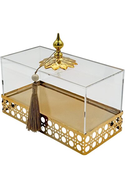 B&D Acrylic Decorative Small Square Storage Box with Gold Accents and Tassel Details